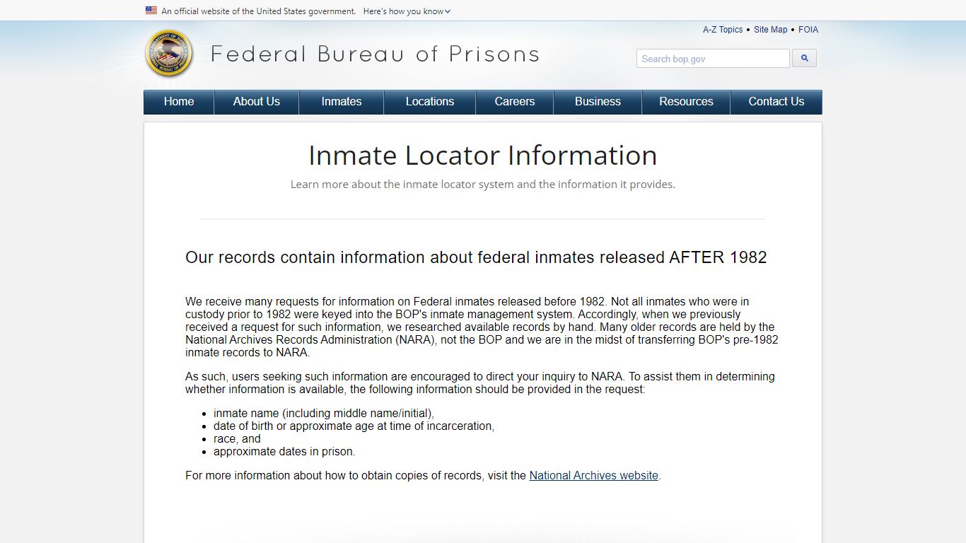 BOP: About Federal Inmate Records
